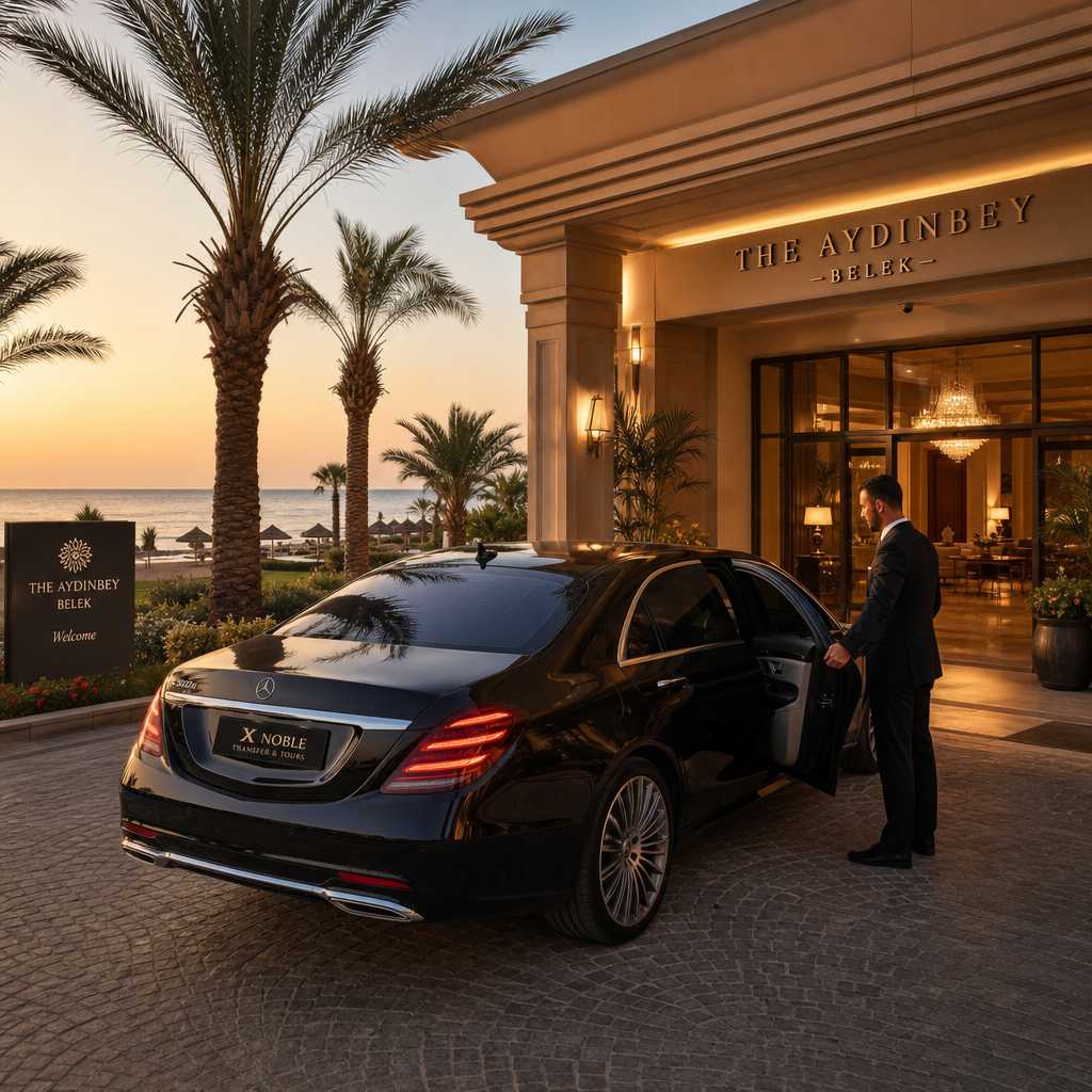 Premium-Fahrzeug fährt vor luxuriötem Strandhotel vor, professioneller Service