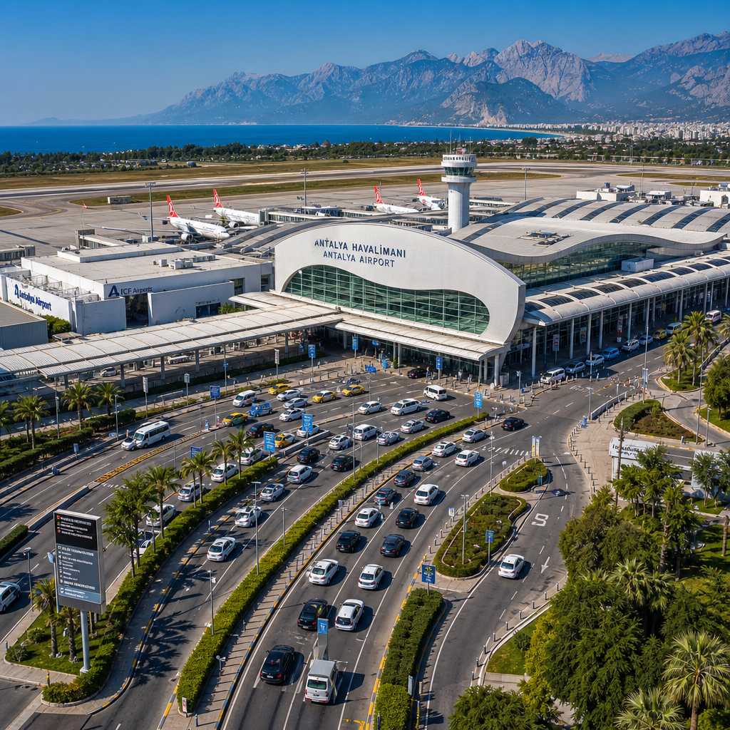 Luftaufnahme des Antalya-Flughafens mit modernen Terminals und organisierten Fahrzeugspuren